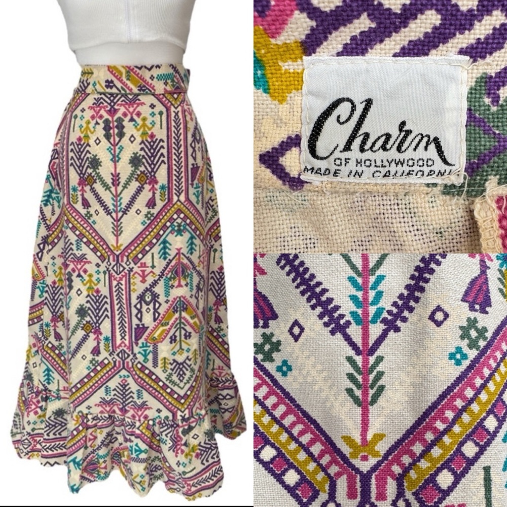 Charm of Hollywood Vintage 60s/70s Boho Aztec Flounce Skirt